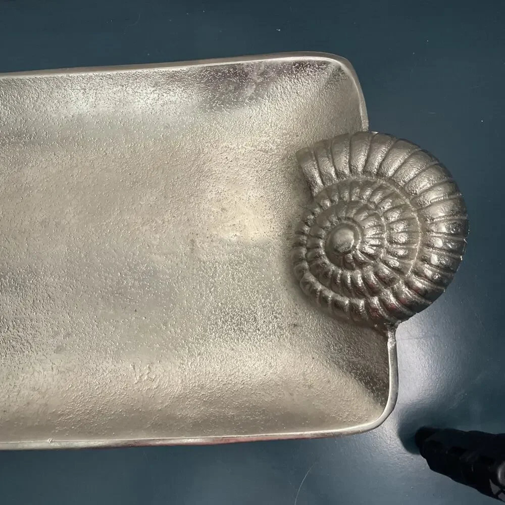 Z GALLERIE Silver Nautilus Sea Snail Handles Coastal Serving Decorative Tray
